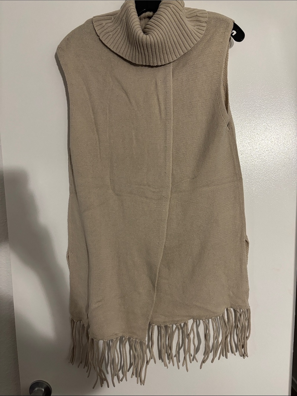 BCBGeneration Cream Sleeveless Turtleneck Fringe Knit Vest